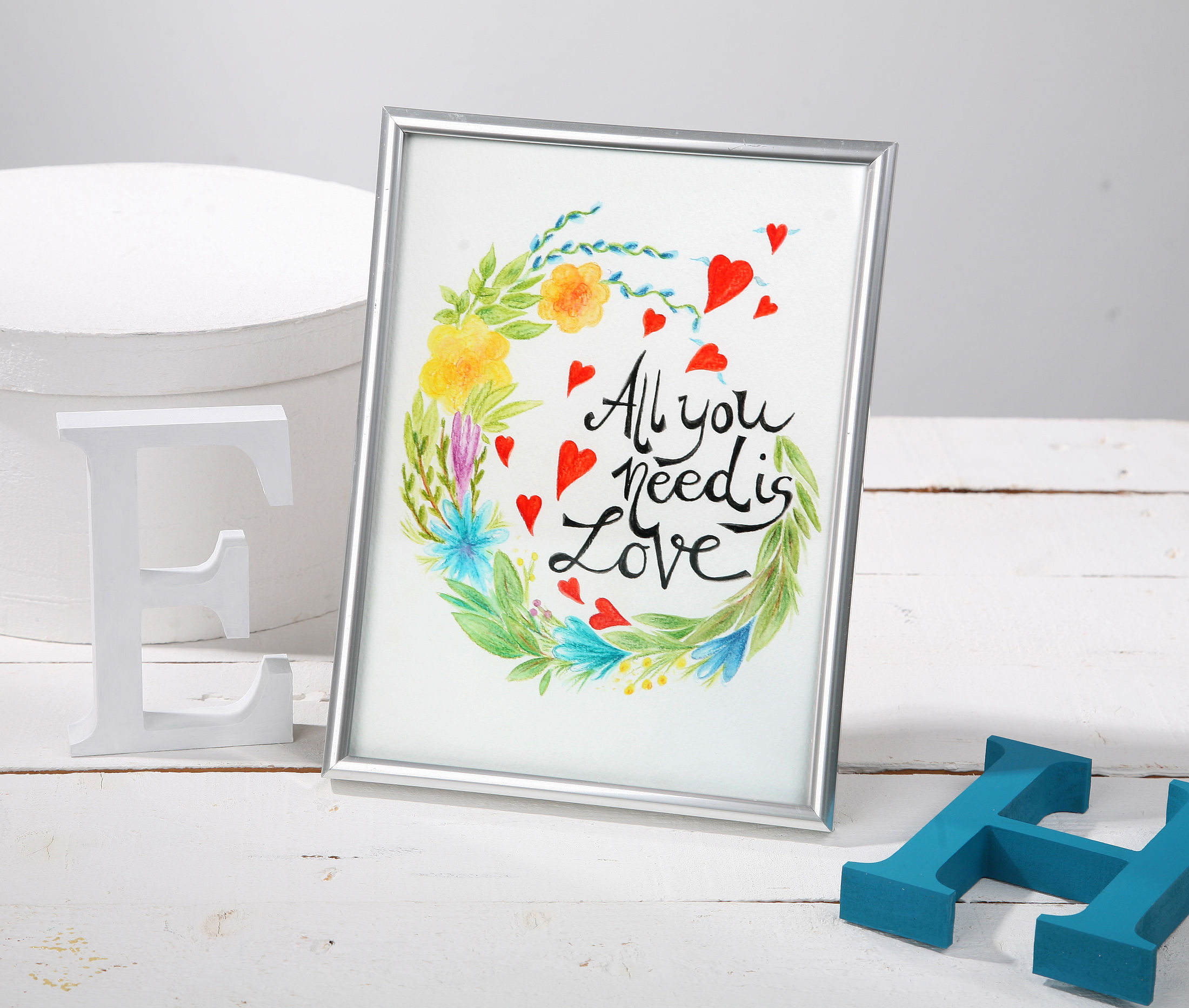 Handgemalter Spruch im Aquarellblumenkranz